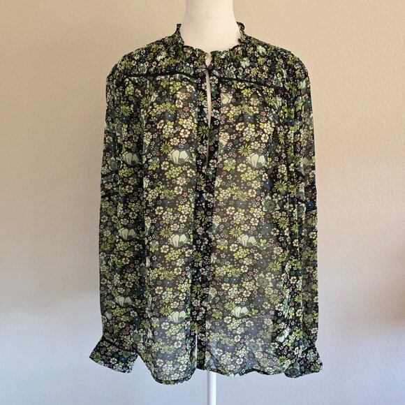 Scotch & Soda Amsterdam Green Floral Blouse Smocked Button Front Lightweight XL - Picture 1 of 8